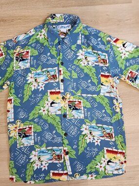 Vintage Utility Hawaiian Shirt Blue With Tropical Print & Beach Scenes Button-Up